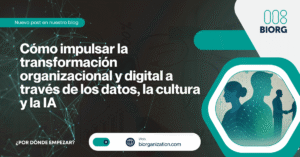 Ilustración conceptual sobre la transformación organizacional y digital, con personas conectadas por redes de datos que representan la integración entre estrategia, cultura e inteligencia artificial en las empresas.