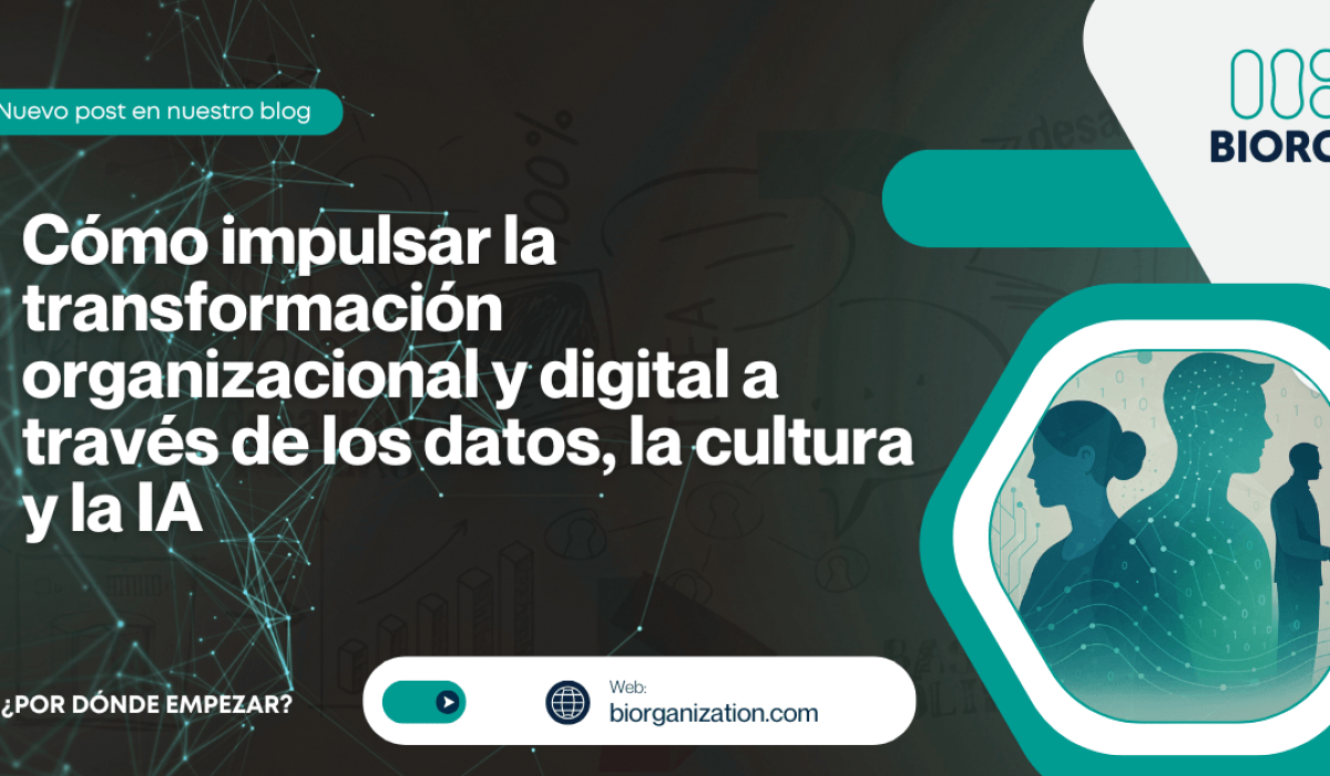 Ilustración conceptual sobre la transformación organizacional y digital, con personas conectadas por redes de datos que representan la integración entre estrategia, cultura e inteligencia artificial en las empresas.