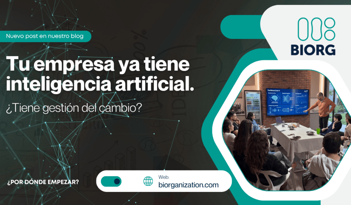Equipo de una organización trabajando junto a una herramienta de inteligencia artificial, gestión del cambio BIORG